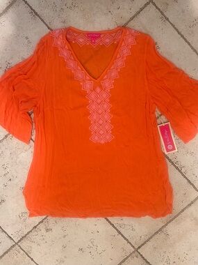Lilly Pulitzer for Target Orange V-Neck Gauze Tunic with Pink Embroidery NWT XXL